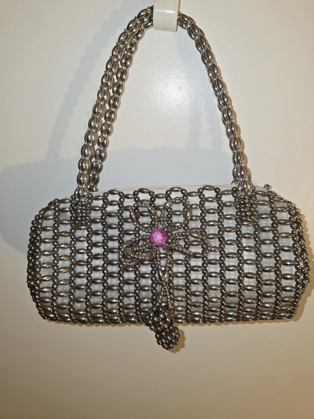 Beaded Silver Evening Clutch with Pink Accent